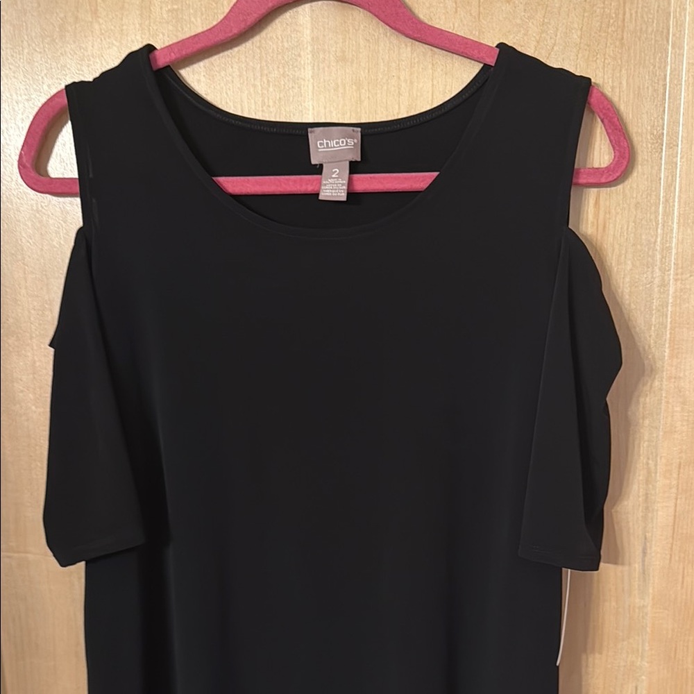 Chico’s Black Asymmetrical Cutout Blouse | Size L | Cold Shoulder Top - Picture 3 of 7
